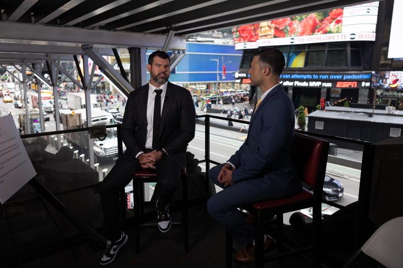 Nick Good being interviewed in Times Square, New York